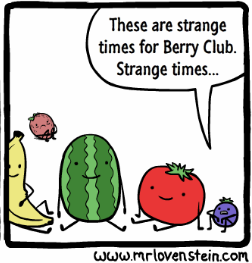 An anthropomorphised banana, watermelon, tomato, and blueberry sitting on the ground together, smiling, as blueberry says "These are strange times for Berry Club. Strange times..." In the background, a strawberry can be seen, distraught. Source: www.mrlovenstein.com