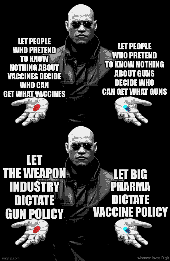 Morpheus from the Matrix offering a red pill or a blue pill, twice across two panels. Image text in post.