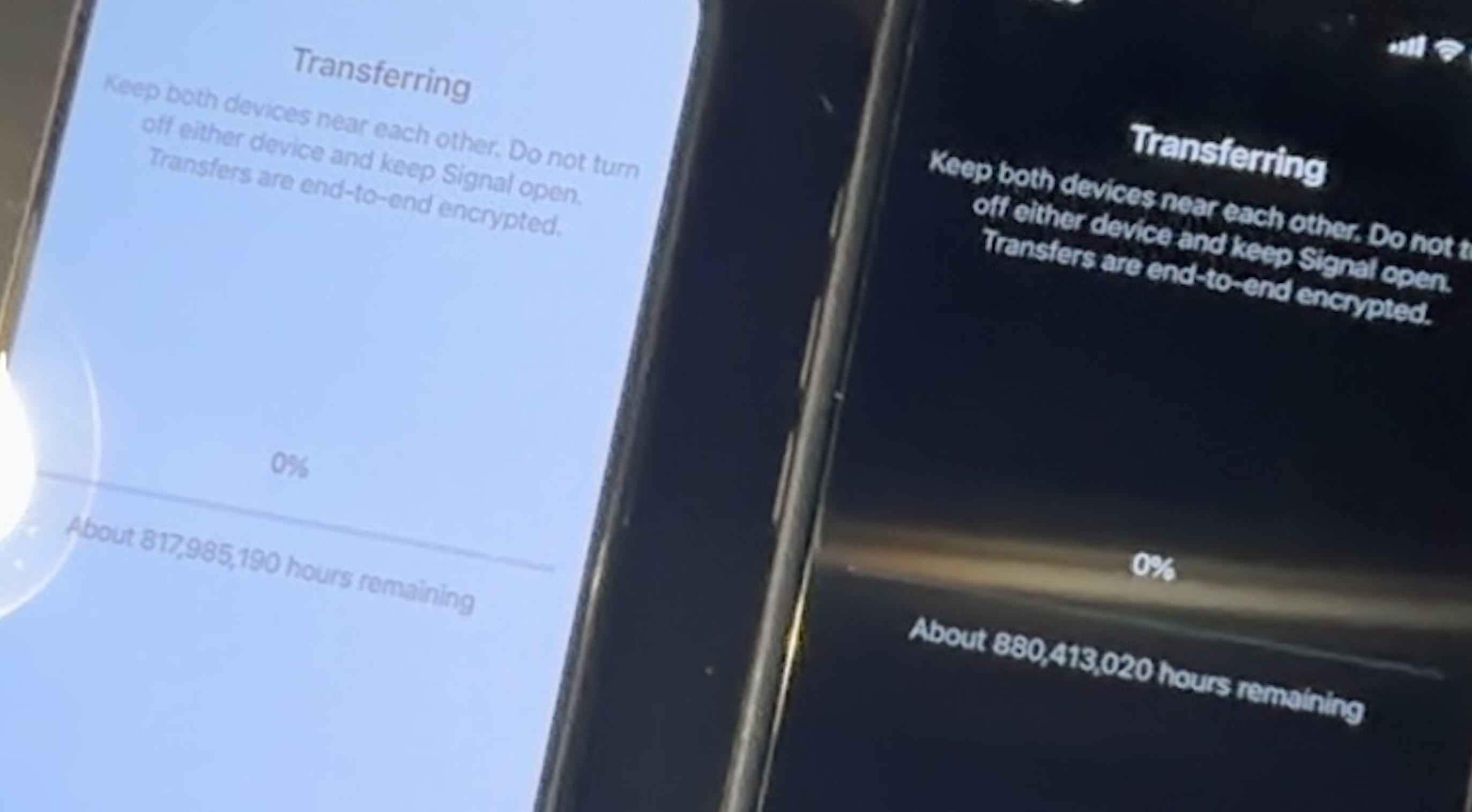 Photo of two iphones set up to transfer a Signal account. The source says 817 million hours left. The destination says 880 million hours left. Both are connected to a 200Mbps network